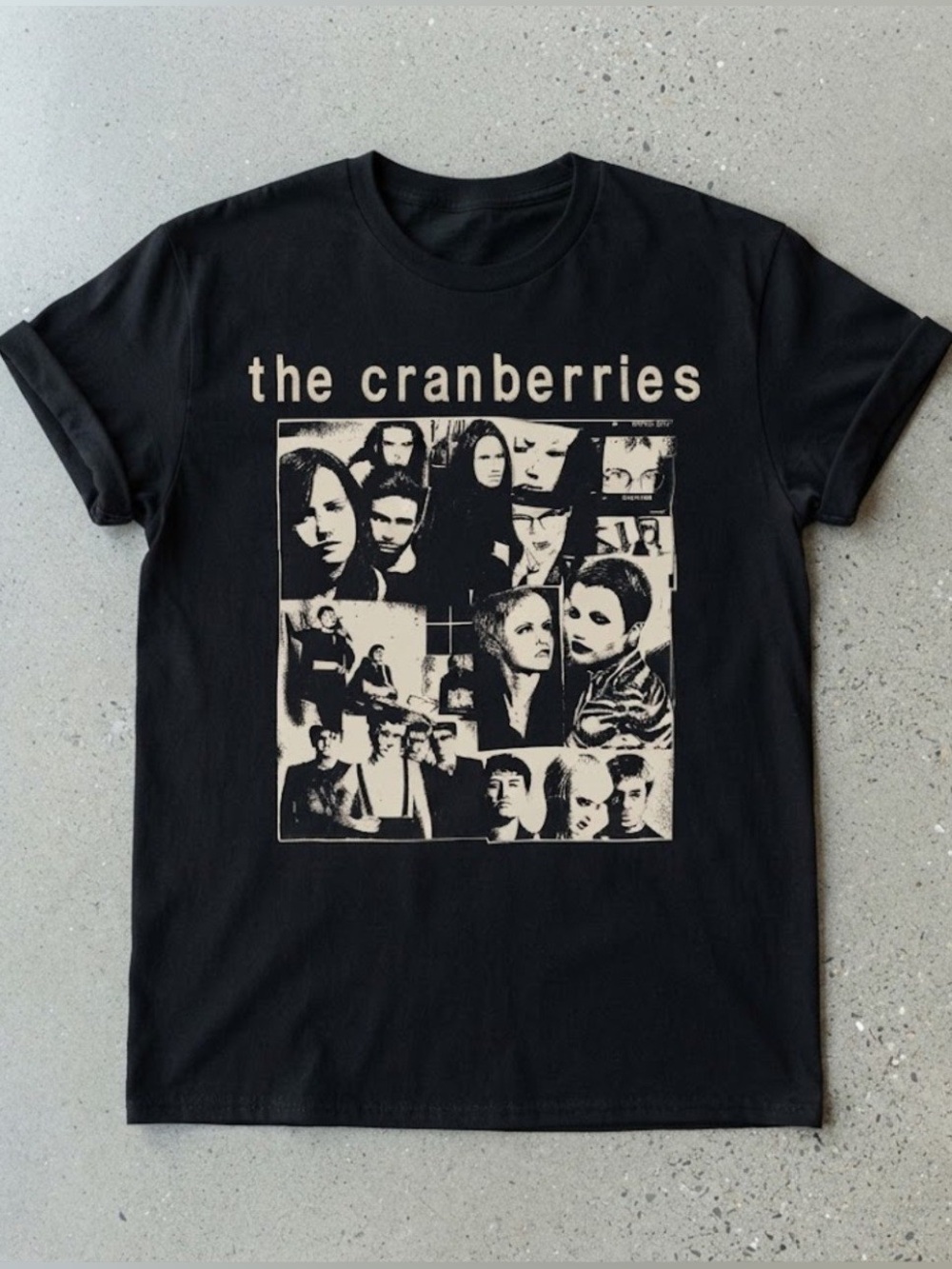 Gildan Black Tee with Beige Photo-Collage Cranberries Graphic